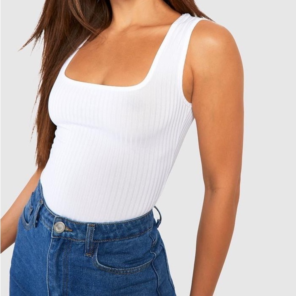 White Boohoo Tall Square Neck Rib Bodysuit Size M/US6